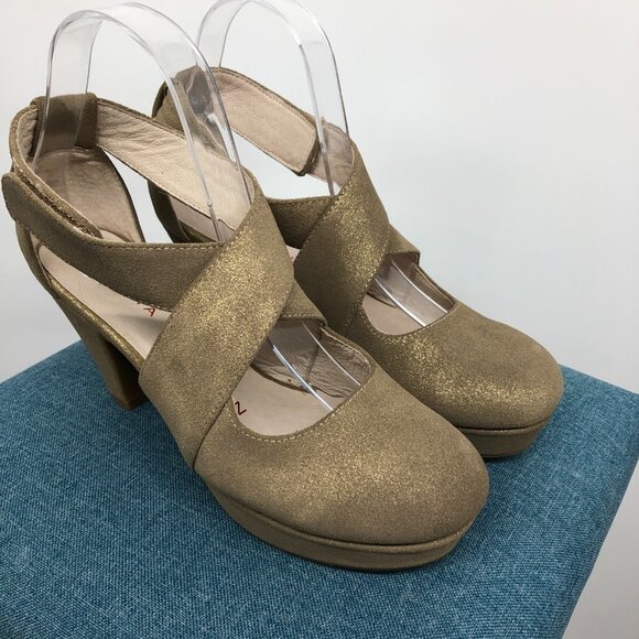 Sacha London Gold Metal Ventura cross strap round toe Heels size 6.5 - Picture 7 of 15